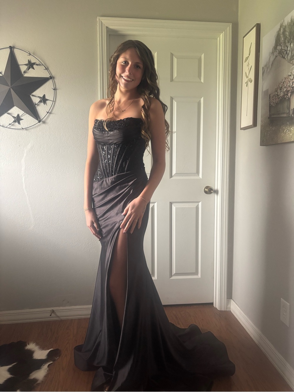 Sherri Hill Black Beaded Backless Evening Gown with Thigh Slit - Picture 3 of 3